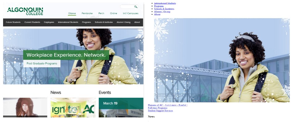 Algonquin College website with and without styling