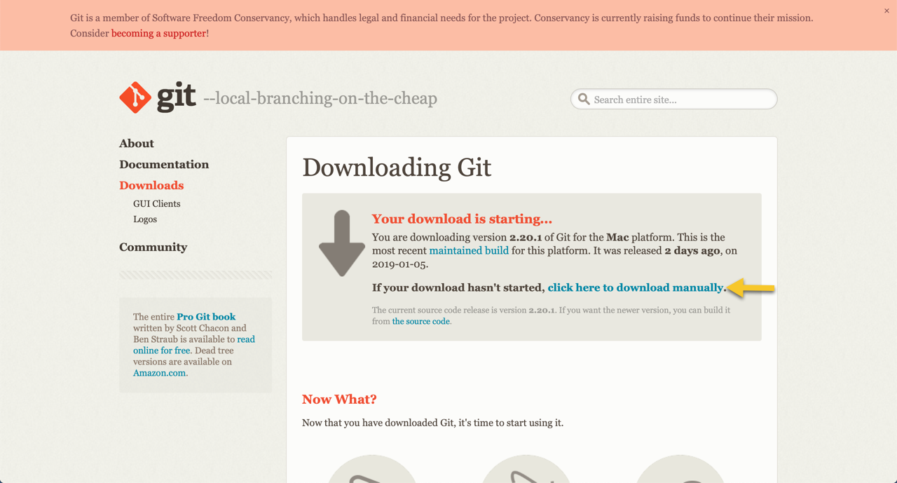Git site with an arrow pointing to the manual download link