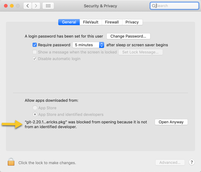The macOS System Preference Security & Privacy with an arrow pointing to message.