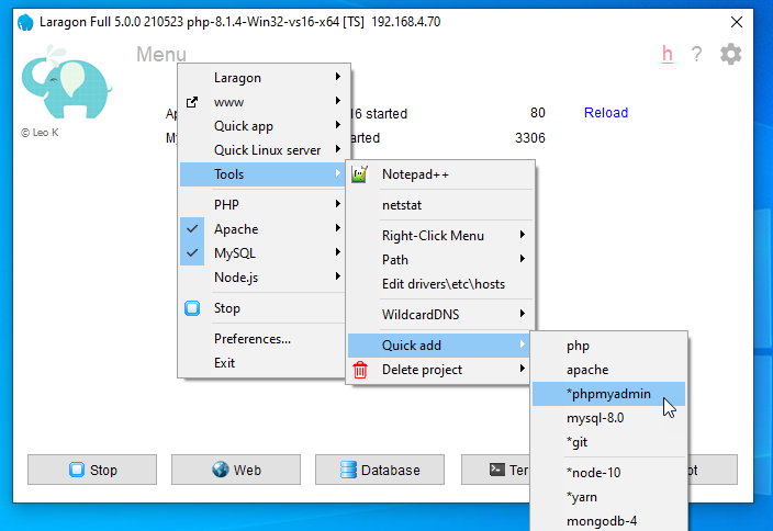 Screenshot showing how to add phpmyadmin in Laragon