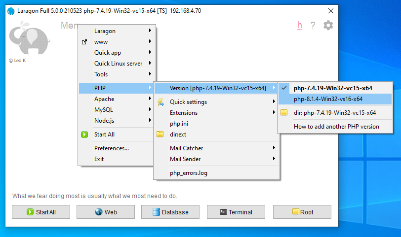 Screenshot showing how to set PHP version in Laragon