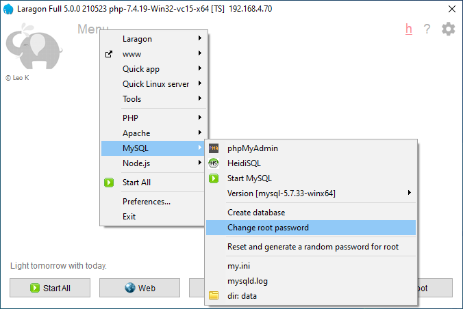 Laragon Application Window > MySQL Change root password