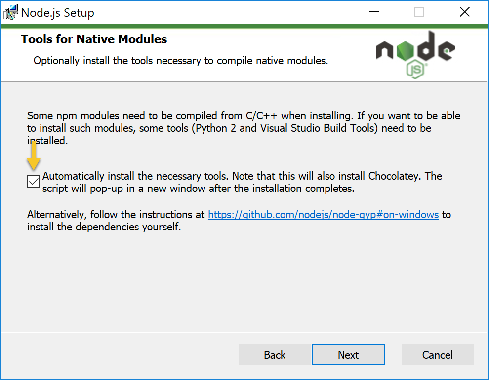 The Tools for Native Modules screen of the Node installation with an arrow pointing to the checkbox.