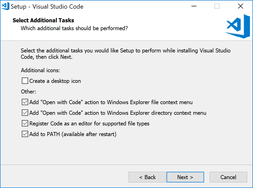 The Select Additional Tasks screen of the VSCode installation process