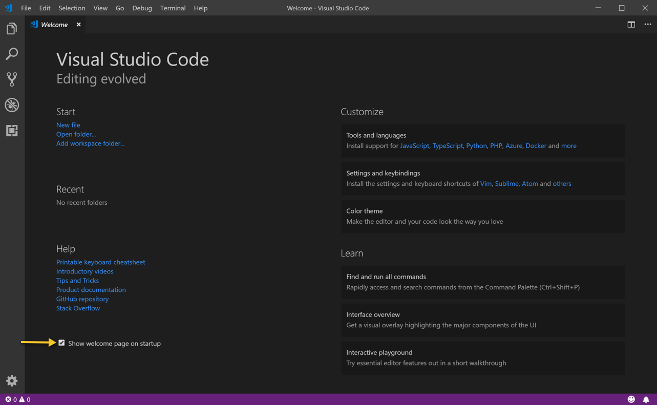The VSCode Welcome Page with an arrow pointing to checkbox