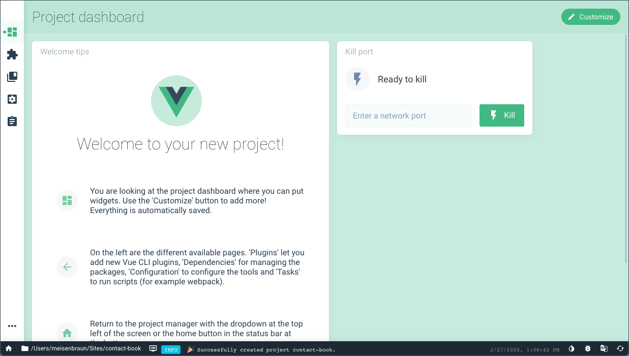 Vue CLI GUI - Project Dashboard