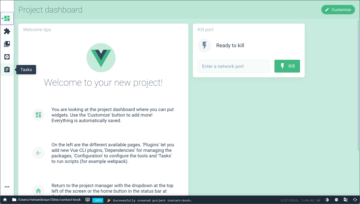 Vue CLI GUI - Project Dashboard - Tasks